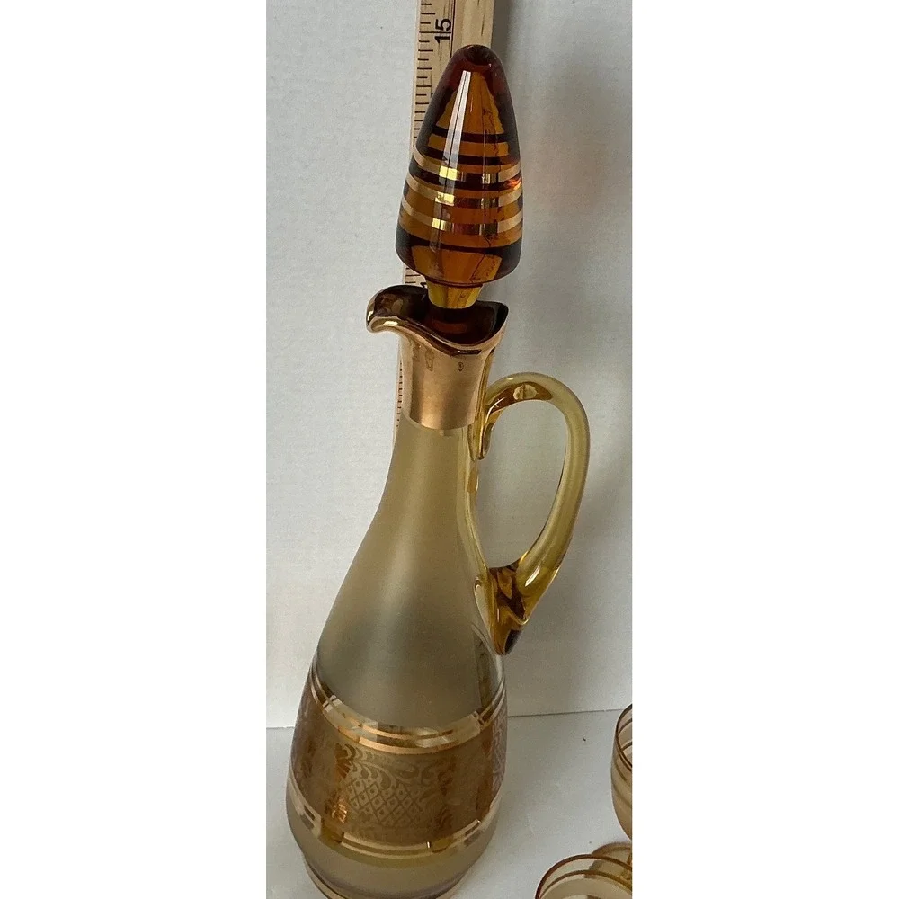 Bohemia Crystal Vintage Amber Glass Decanter Set Gold‎ Encrusted Floral 5pc MCM